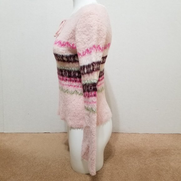 It's Our Time sweater Large fuzzy knit keyhole tie neck fair isle pullover Y2K - Picture 2 of 13